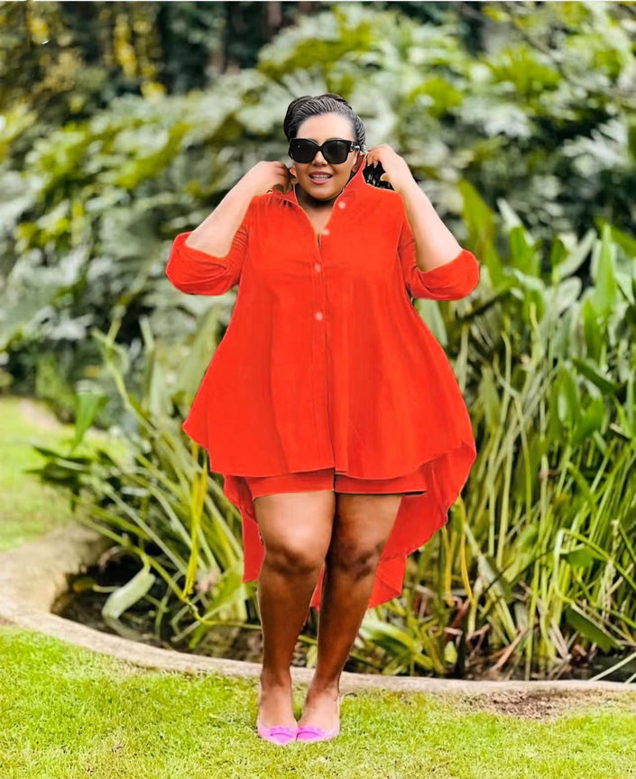 Red high-low tunic set with button placket, long sleeves, asymmetrical hem