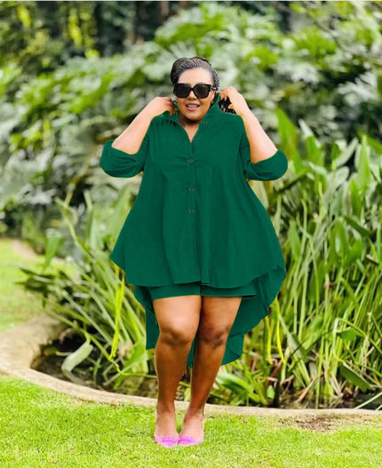 Deep green high-low tunic set with button placket, long sleeves, asymmetrical hem