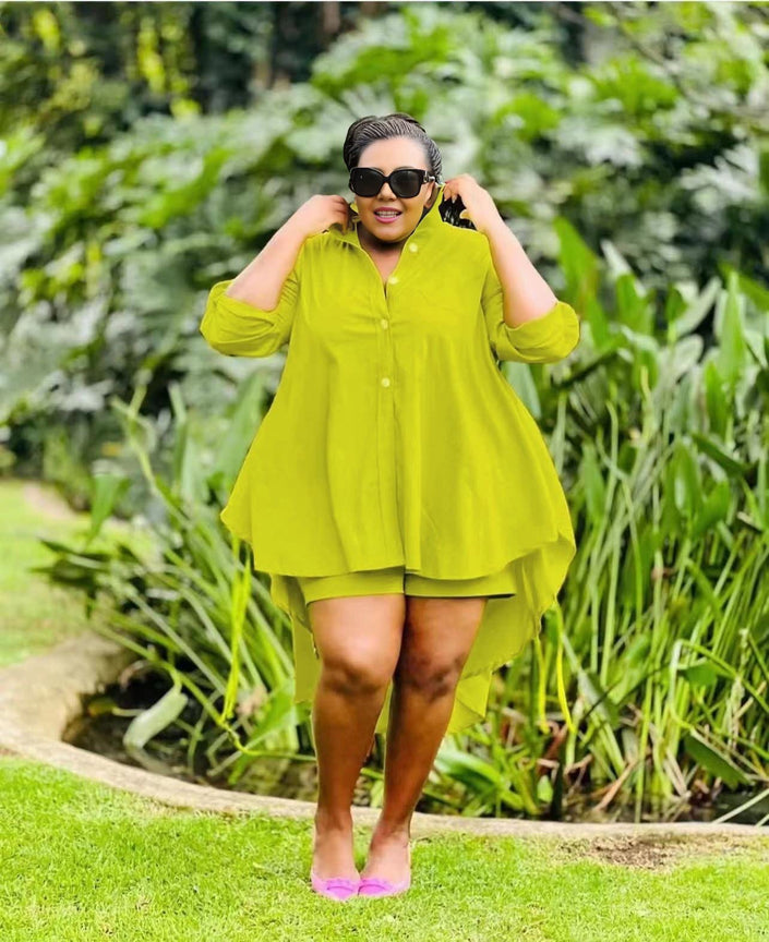 Lime yellow high-low tunic set with button placket, long sleeves, asymmetrical hem