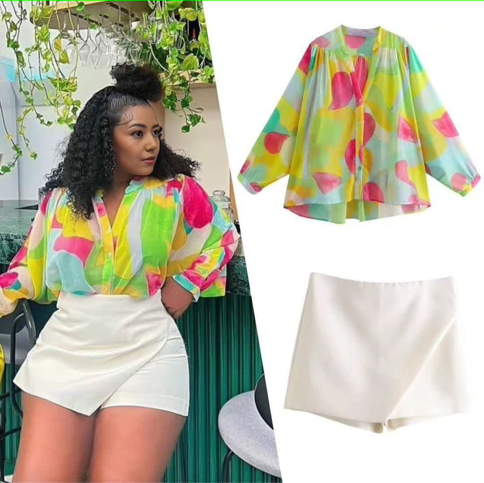 White high-waist wrap skirt with angled front overlap, short length