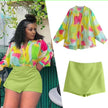 Lime green high-waist wrap skirt with angled front overlap, short length