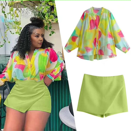 Lime green high-waist wrap skirt with angled front overlap, short length