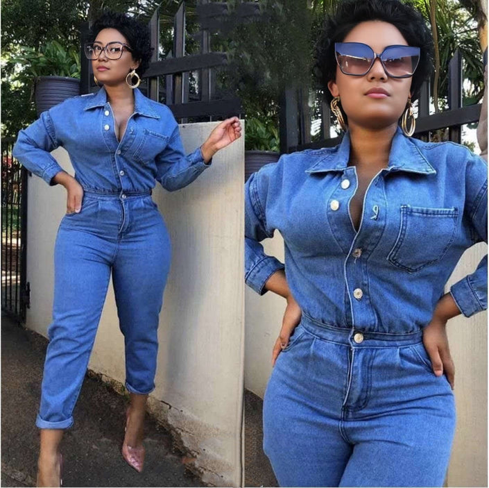 Blue denim button-up jumpsuit, rolled long sleeves, chest pocket