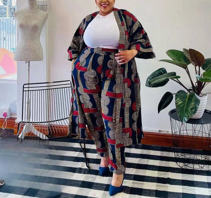 Plus size geometric print jacket and pants set with white top