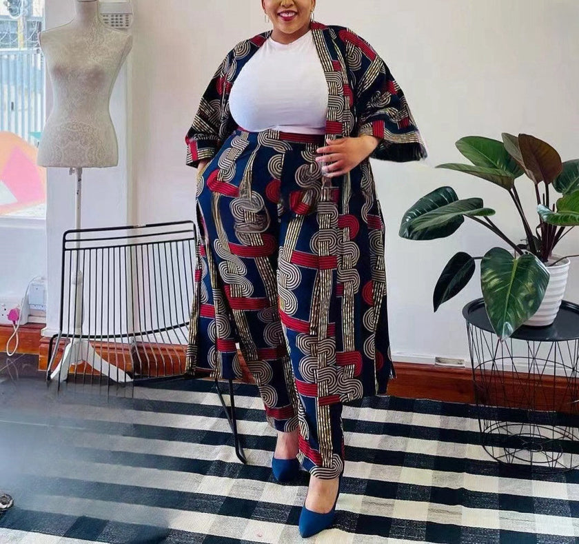 Plus size geometric print jacket and pants set with white top