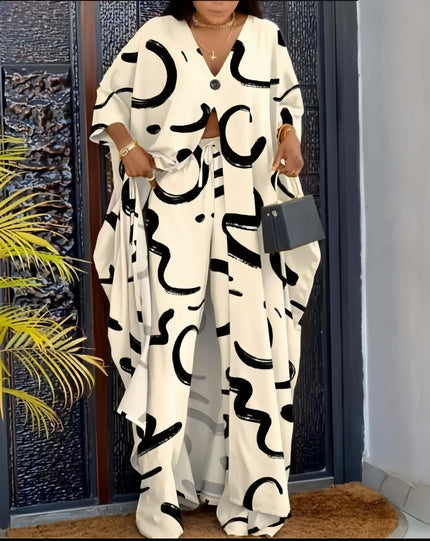 Cream V-neck top and wide-leg pants set with black abstract print