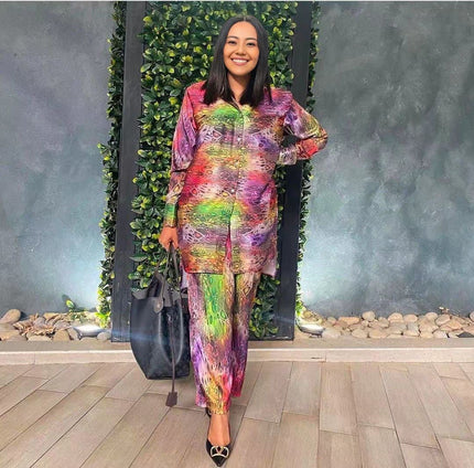 Printed long-sleeve casual outfit set with matching pants, multicolor abstract pattern