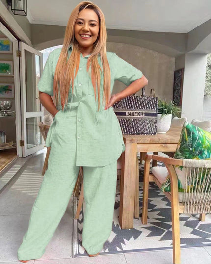 Green short-sleeve collared button-front tunic set with matching wide-leg pants