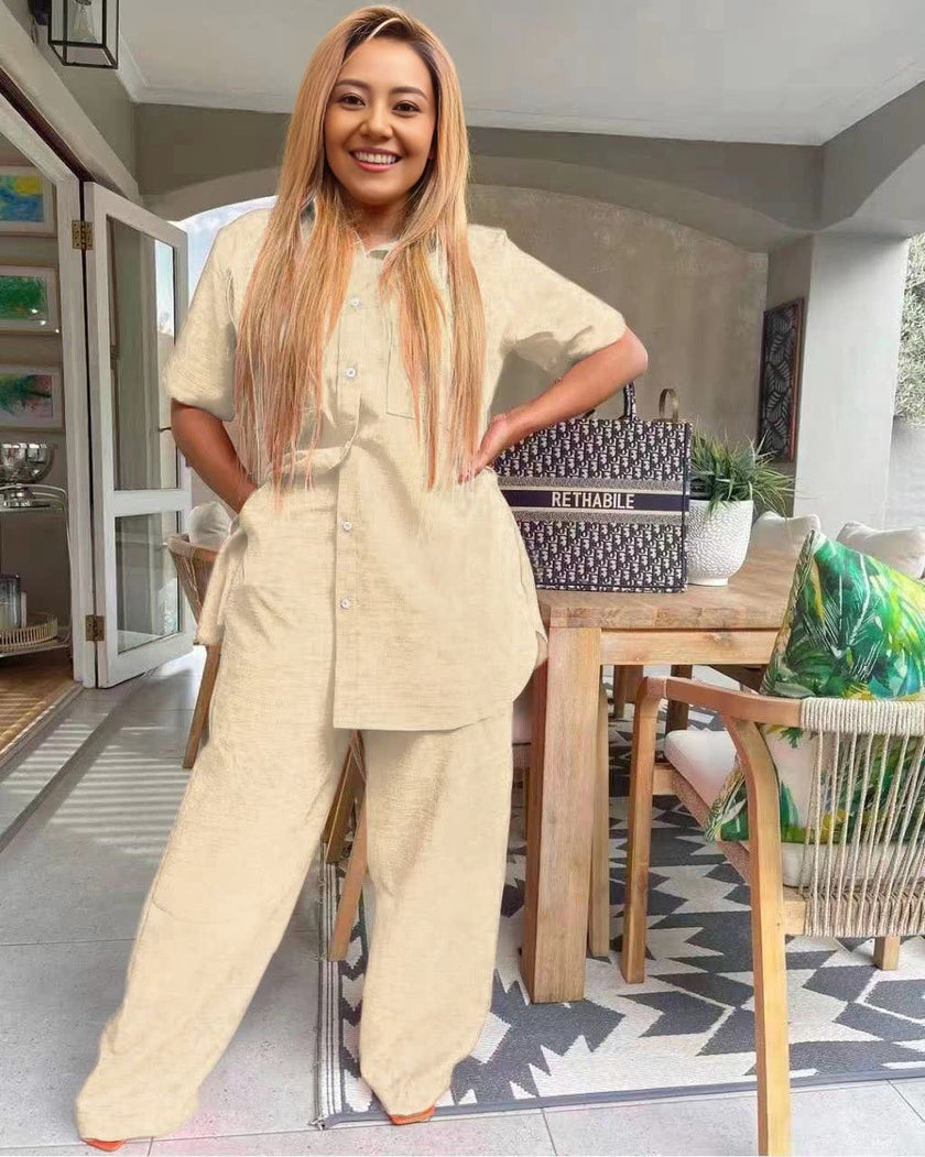 Short-Sleeved Button-Up Collared Twin Sets