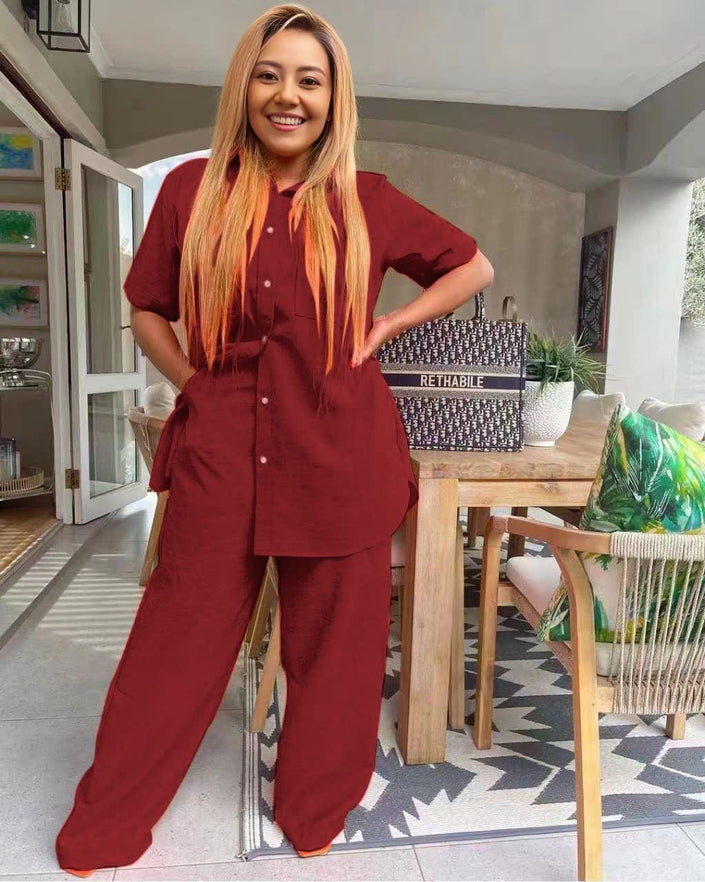 Maroon short-sleeve collared button-front tunic set with matching wide-leg pants