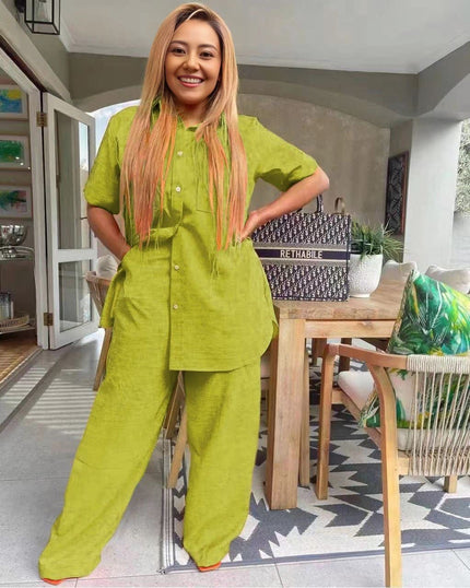 Yellow-green short-sleeve collared button-front tunic set with wide-leg pants