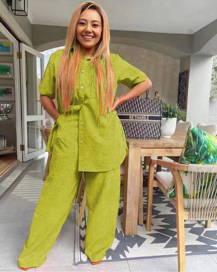 Yellow-green short-sleeve collared button-front tunic set with wide-leg pants