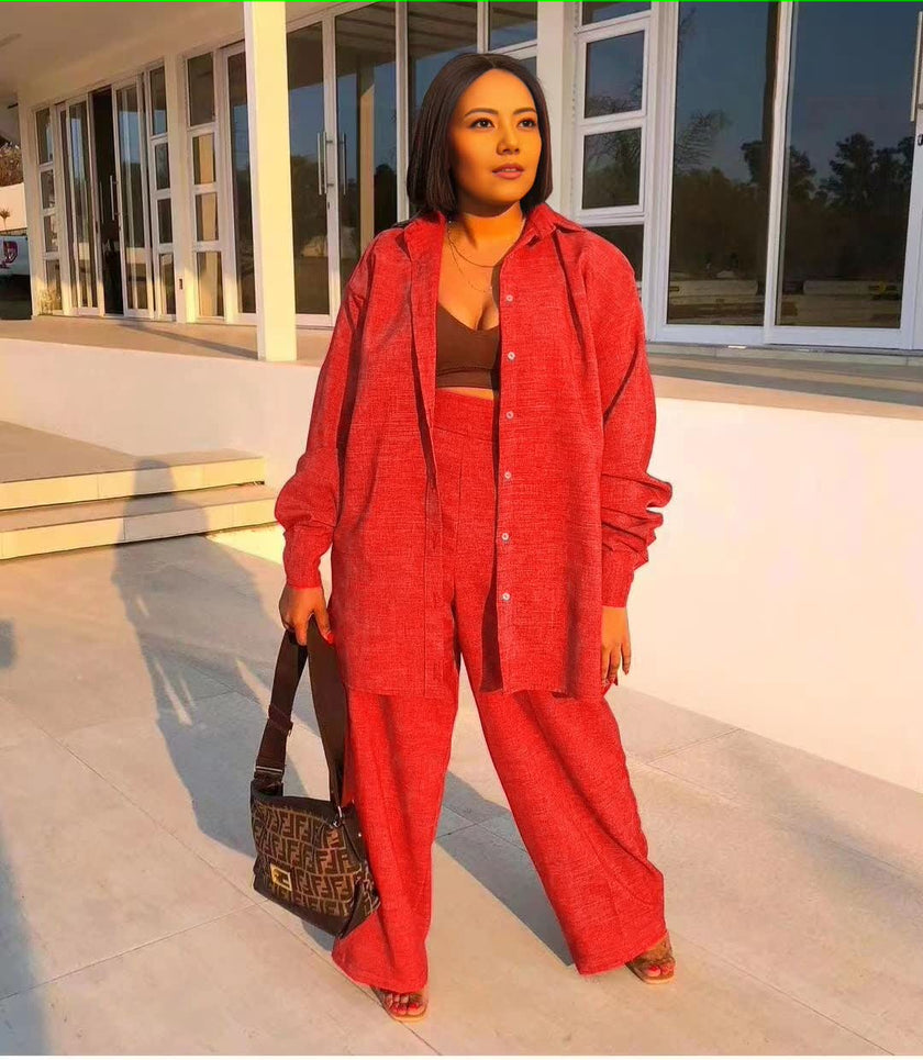 Casual Style Long-Sleeve Button-Up Textured Top and Loose-Fitting Trousers Set