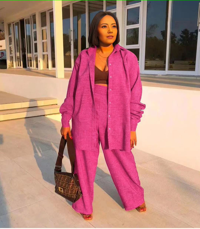 Casual Style Long-Sleeve Button-Up Textured Top and Loose-Fitting Trousers Set