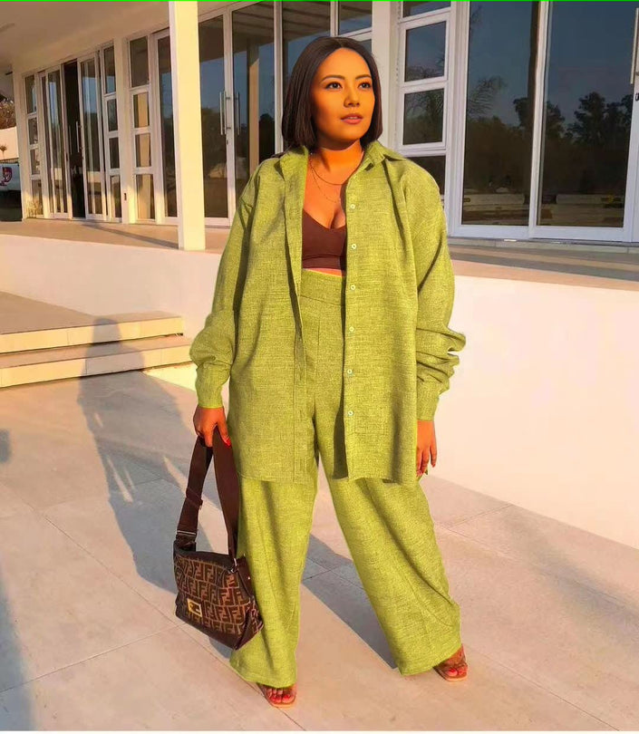 Textured button-front shirt and loose trousers set, green-yellow