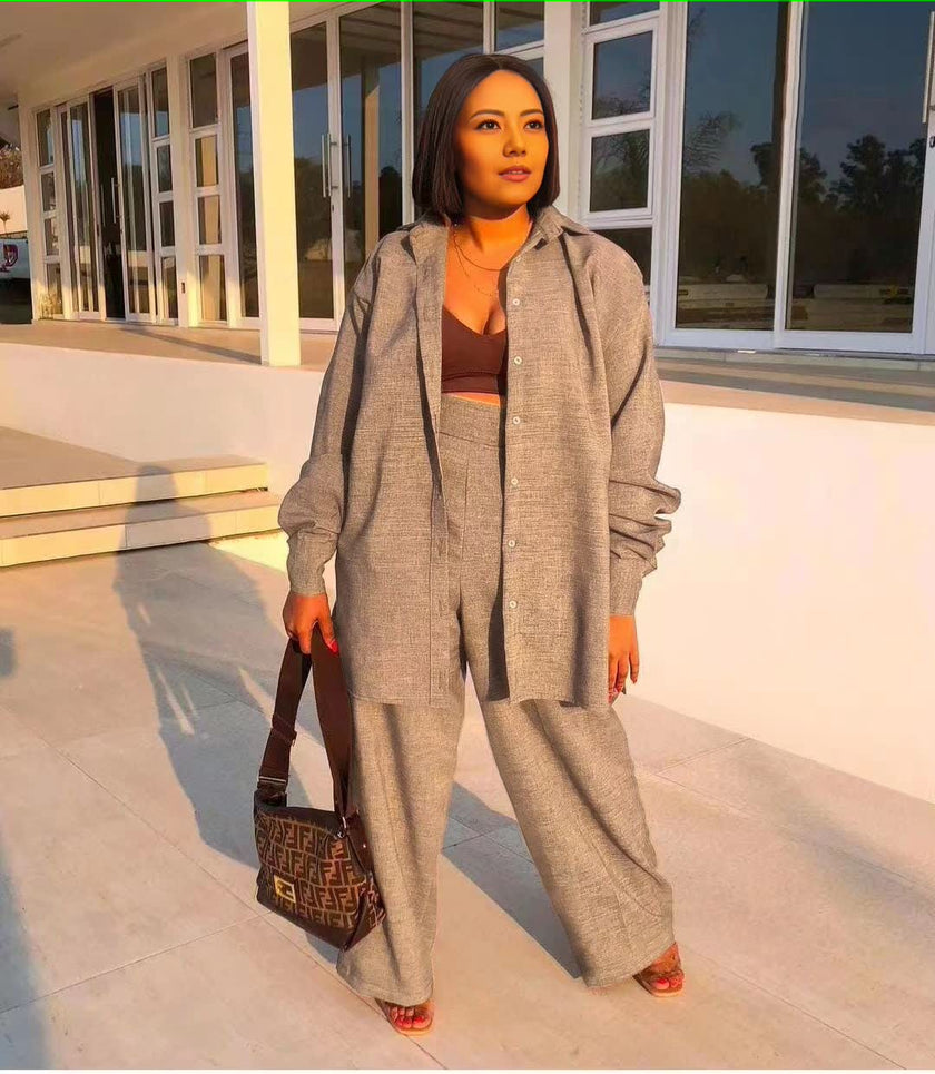 Casual Style Long-Sleeve Button-Up Textured Top and Loose-Fitting Trousers Set