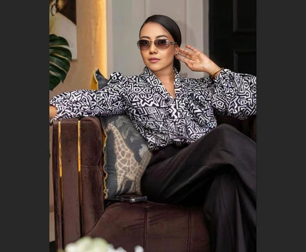 Printed button-up top and trousers set, black-and-white geometric long-sleeve shirt