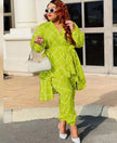 Layered V-neck printed top and pants set, lime green with white grid lines