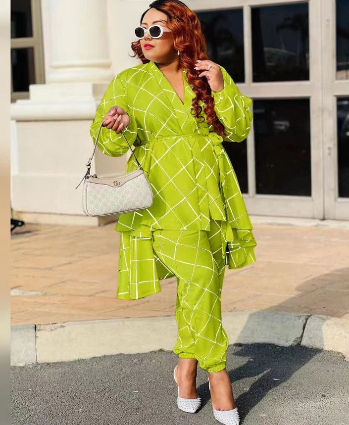 Layered V-neck printed top and pants set, lime green with white grid lines