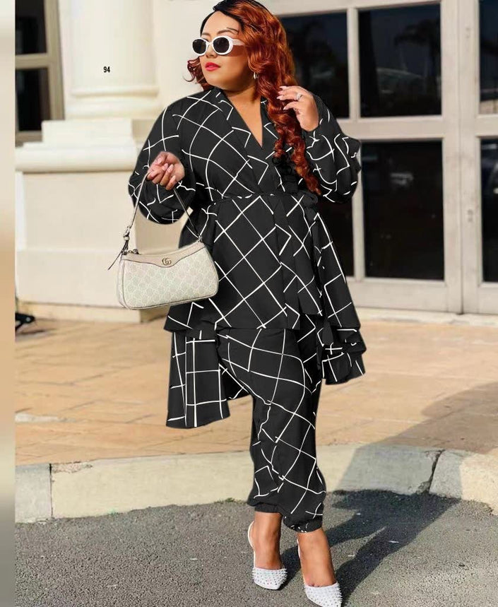 Layered V-neck printed top and pants set, black with white grid lines