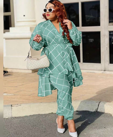 Layered V-neck printed top and pants set, teal with white grid lines
