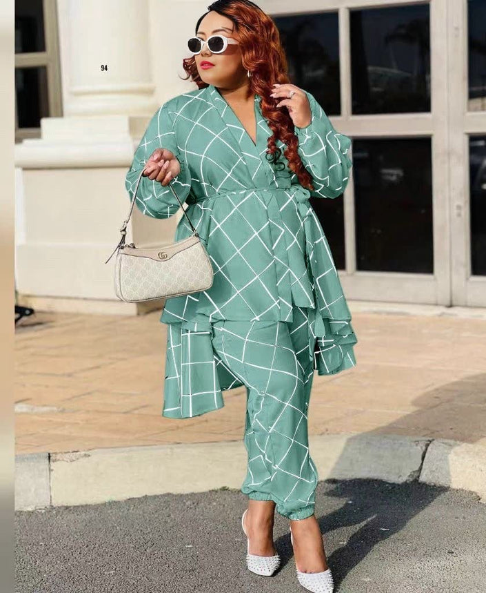 Layered V-neck printed top and pants set, teal with white grid lines