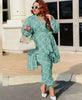Layered V-neck printed top and pants set, teal with white grid lines