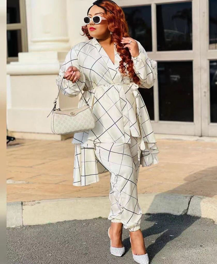 Layered V-neck printed top and pants set, cream with dark grid lines