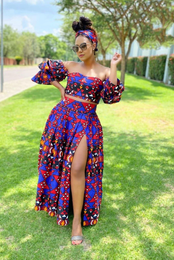 African print off-shoulder top and slit maxi skirt set, geometric blue-red