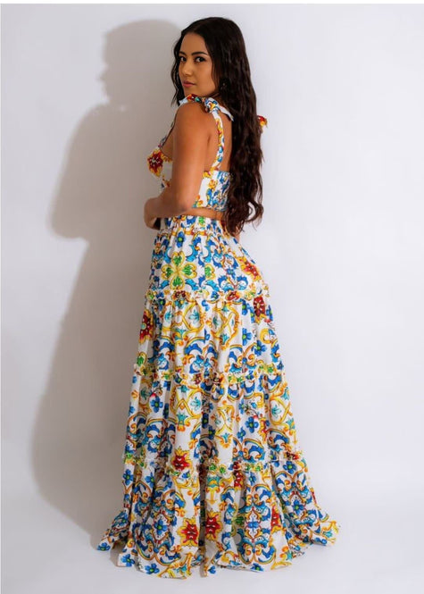 Floral Twin Set Cropped Top High Waist Maxi Skirt Chic
