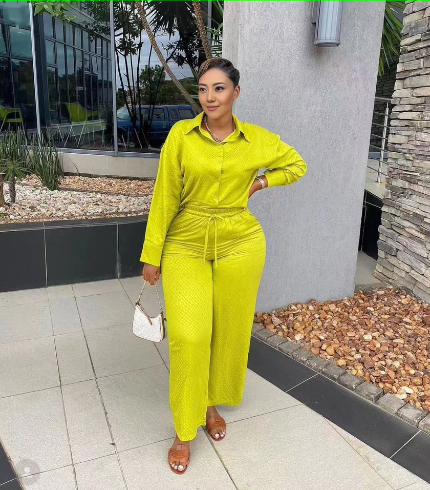 Textured Fabric Long-Sleeve Button-Up Shirt & High-Waisted Drawstring Pants Set