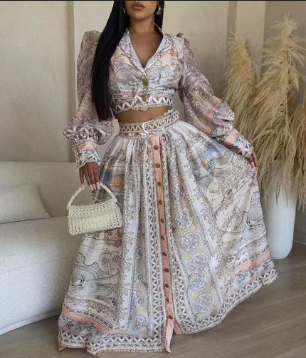 Maxi party dress with puff sleeves, ornate paisley print, button-front, belted waist