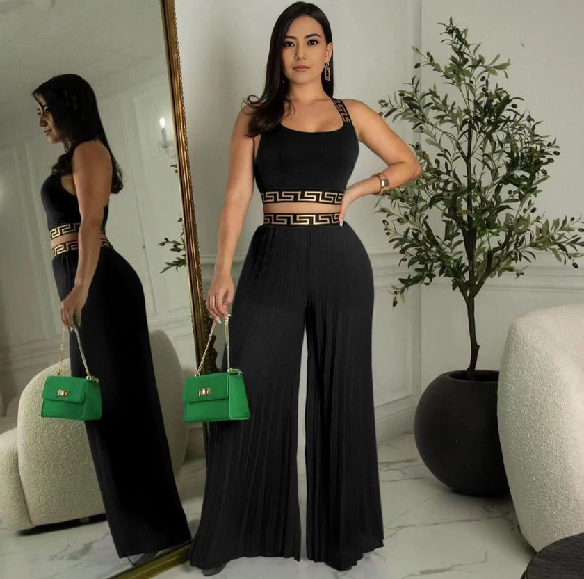 Women’s Sleeveless Square Neck Crop Top with High-Waisted Wide-Leg Pants and Greek Key Pattern Waistband