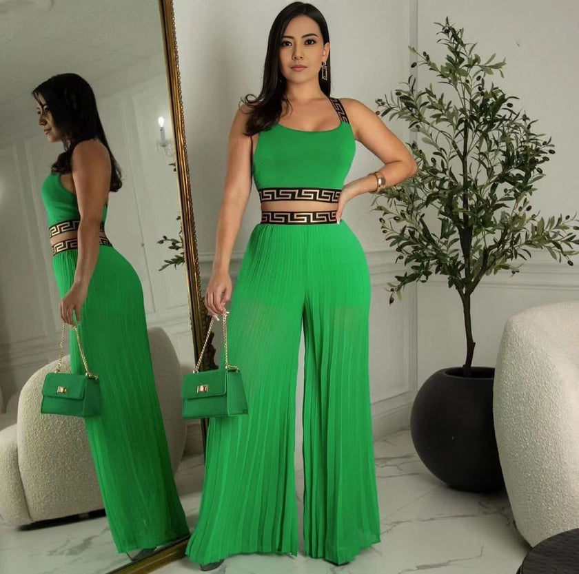 Women’s Sleeveless Square Neck Crop Top with High-Waisted Wide-Leg Pants and Greek Key Pattern Waistband