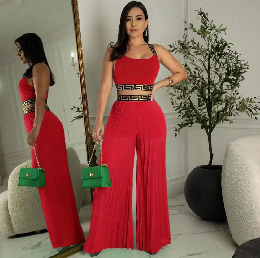 Women’s Sleeveless Square Neck Crop Top with High-Waisted Wide-Leg Pants and Greek Key Pattern Waistband