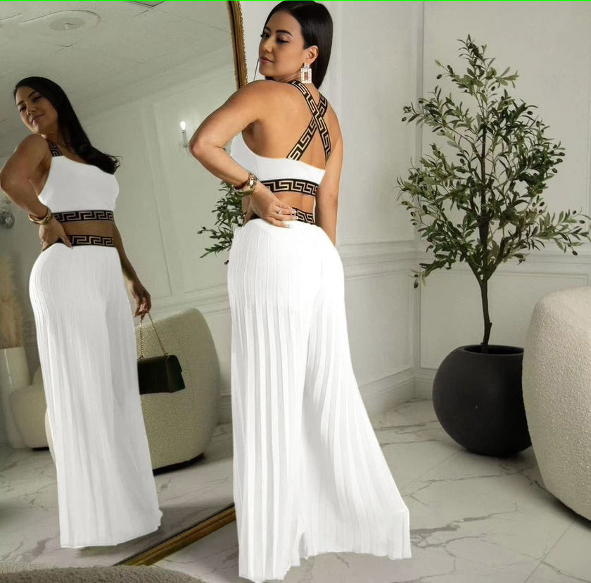 Women’s Sleeveless Square Neck Crop Top with High-Waisted Wide-Leg Pants and Greek Key Pattern Waistband