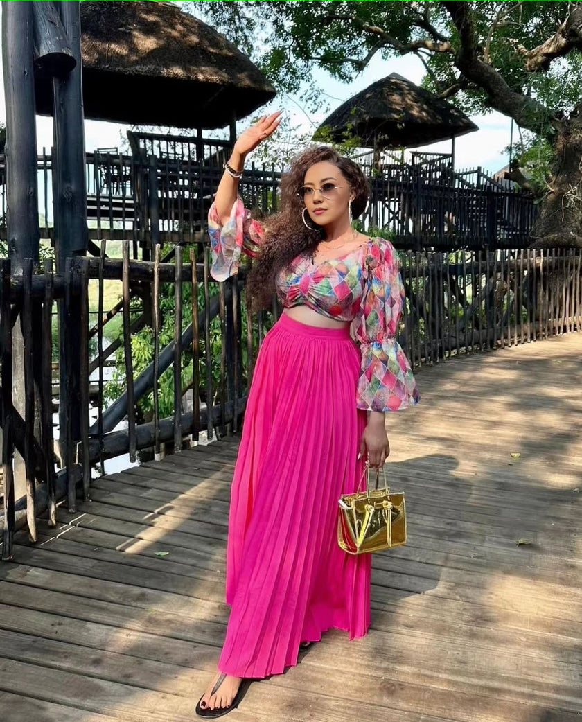 Elegant Puffy-Sleeve Blouse with Flowing Maxi Skirt Ensemble