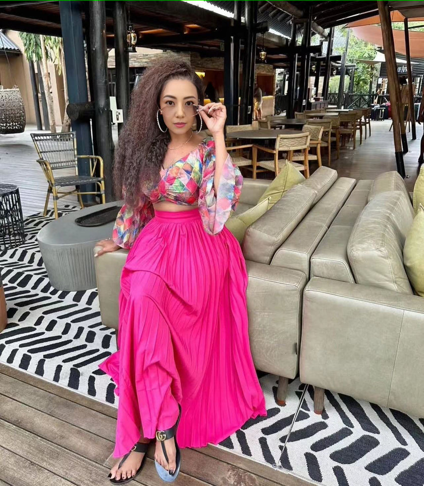 Elegant Puffy-Sleeve Blouse with Flowing Maxi Skirt Ensemble