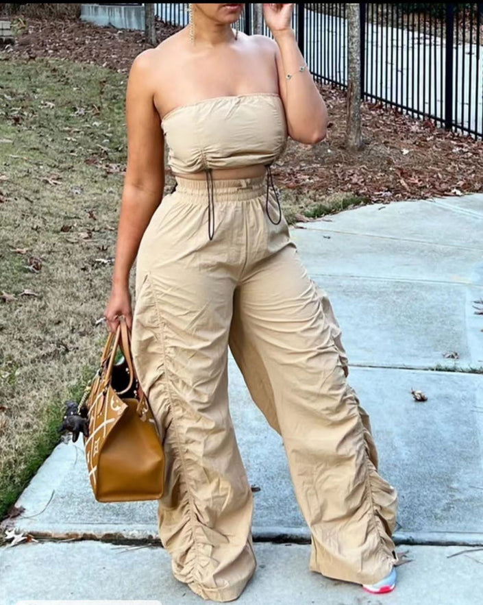 Beige strapless two-piece set with drawstring waist and wide-leg pants