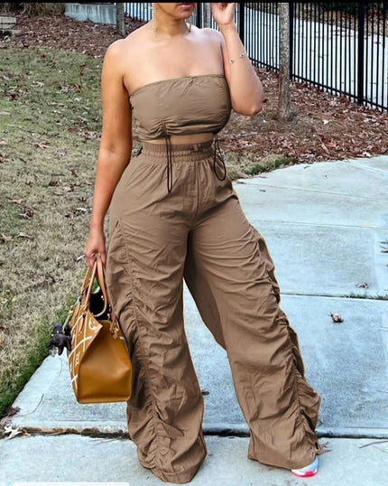 Taupe strapless two-piece set with drawstring waist and wide-leg pants