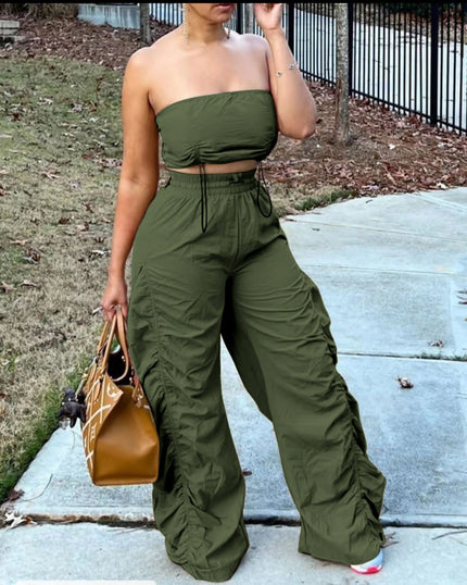 Dark-olive strapless two-piece set: drawstring waist wide-leg pants
