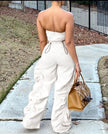 White strapless two-piece set with drawstring waist and wide-leg pants