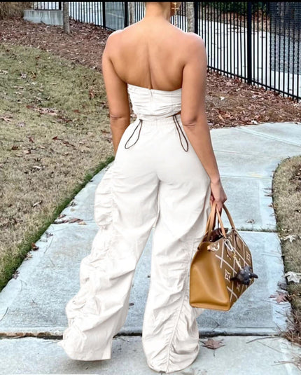White strapless two-piece set with drawstring waist and wide-leg pants