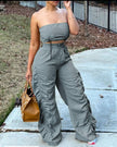 Grey strapless two-piece set with drawstring waist and wide-leg pants