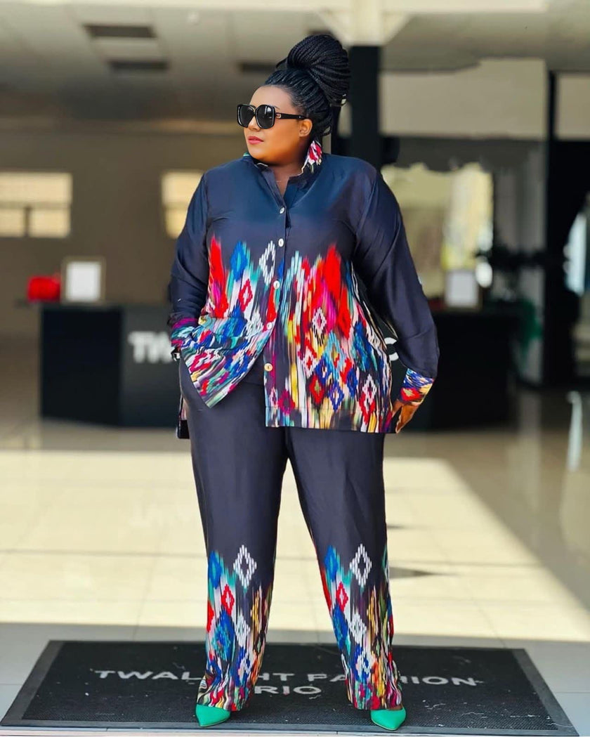 Geometric Patterned Long-Sleeve Shirt and Straight-Leg Trousers Set