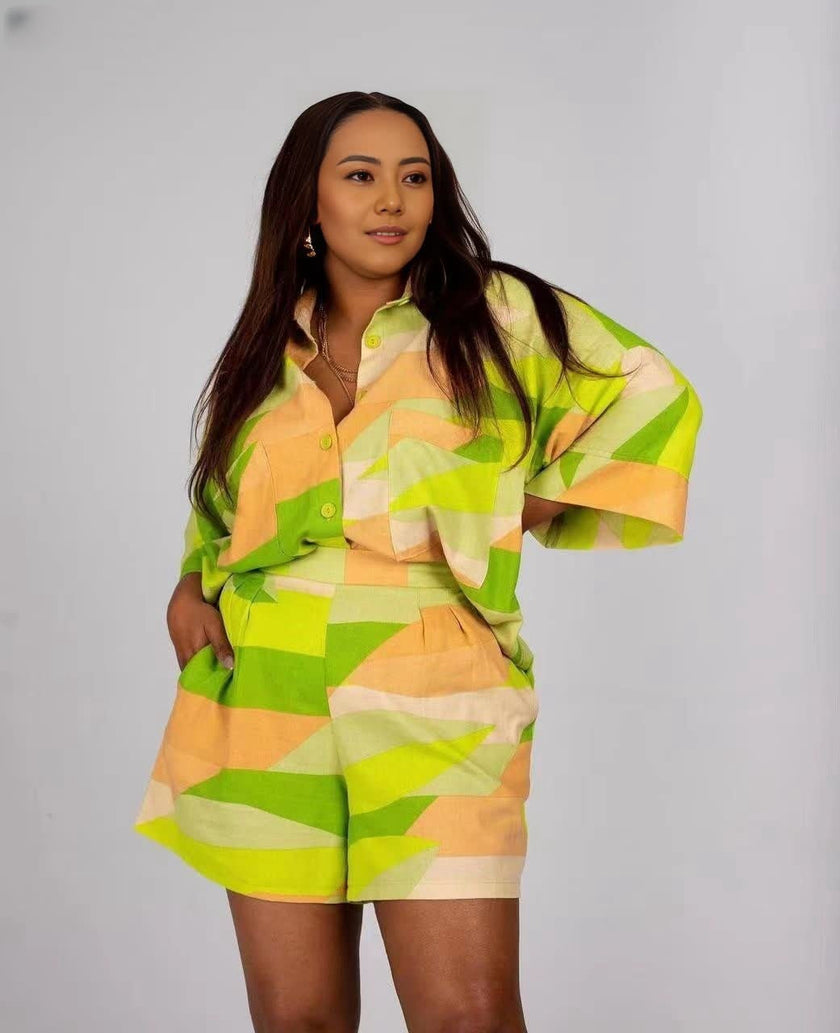 Geometric print button-up shirt and matching shorts in green and orange