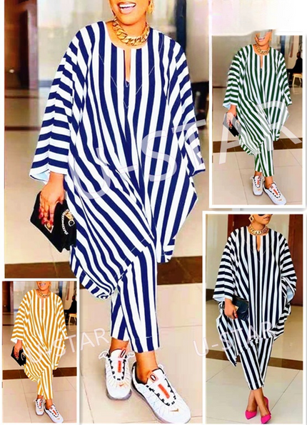 Blue-and-white striped pullover tunic with loose fit; inset shows green and orange styles