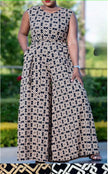 Sleeveless wide-leg jumpsuit with black and cream lattice geometric print