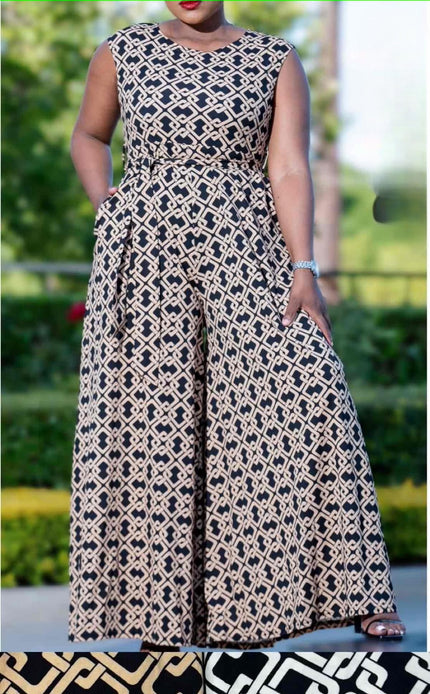 Sleeveless wide-leg jumpsuit with black and cream lattice geometric print