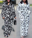 Printed twin set shown in black and white: button-up top with wide-leg trousers